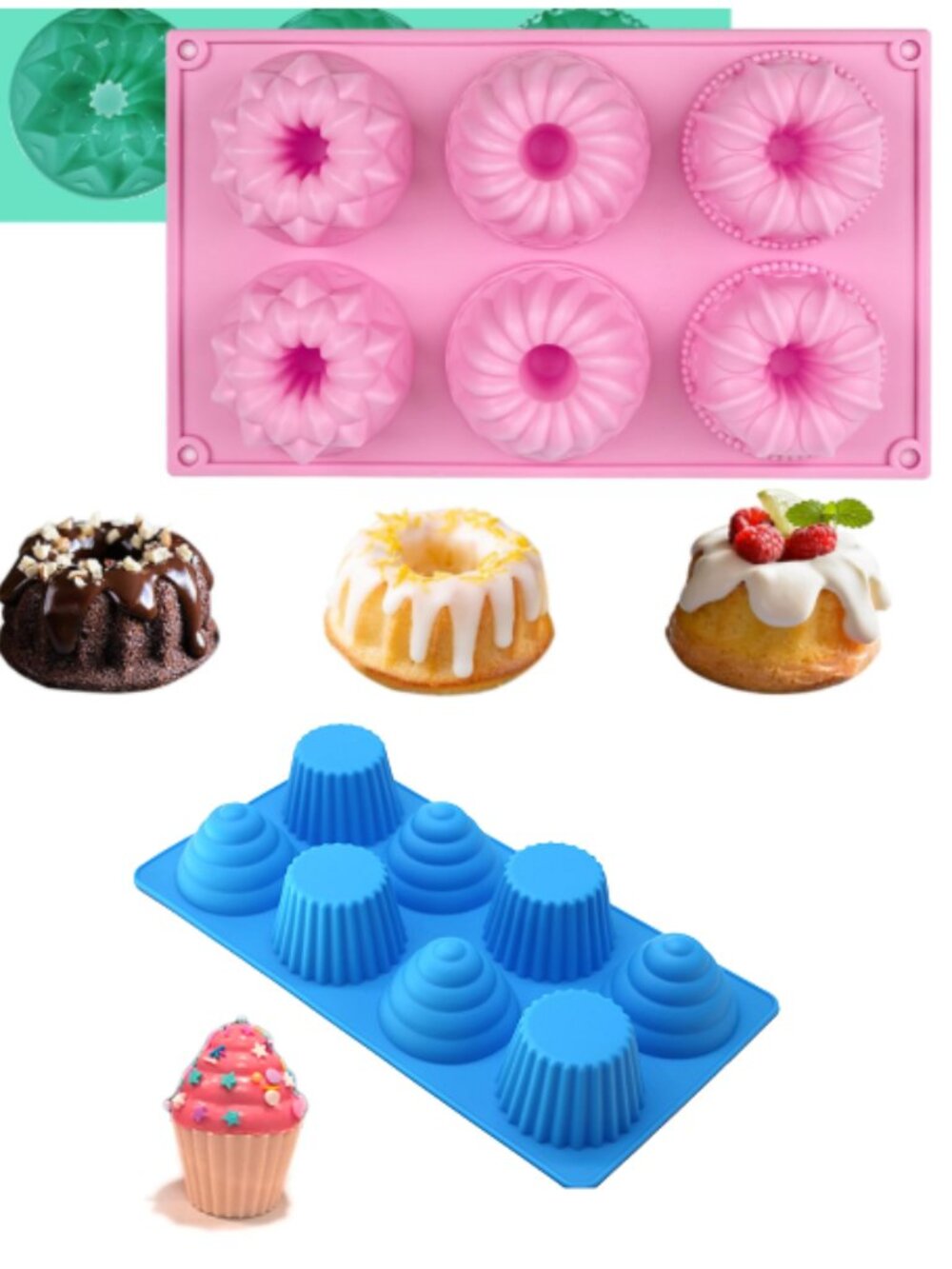 2 XHaibei silicone molds - mini donut/bundt mold & cupcake mold